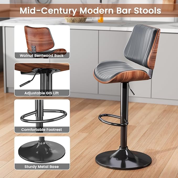 Swivel Bar Stools Set of 3, Adjustable Bentwood Barstools for Kitchen Counter, Modern PU Leather Upholstered Bar Chair with Back and Footrest, for Kitchen Island, Bar, Dining Room, Gray