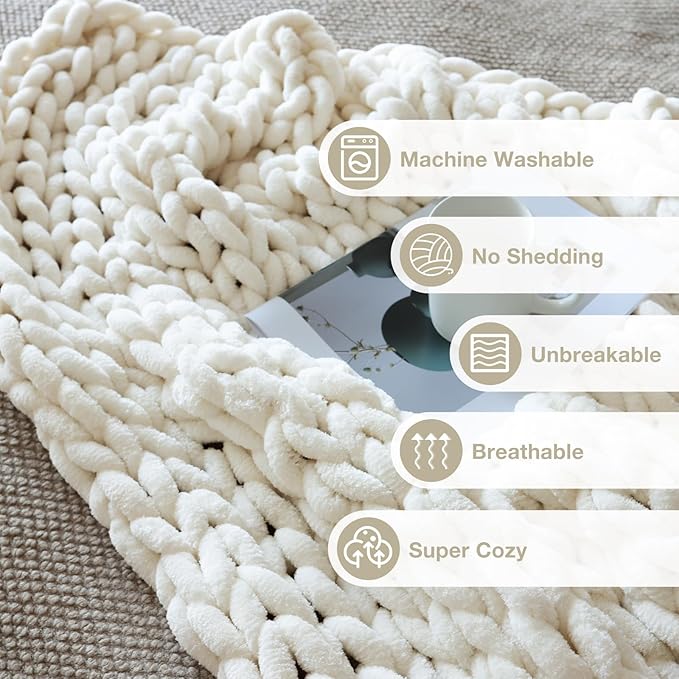 Soft Chunky Knit Blanket, 40X50 Inch Handmade Thick Chenille Yarn Throw Without Shedding & Raveling, Aesthetic & Cozy Home Decor with Couch Sofa Bed, Gift Pack, Ivory White