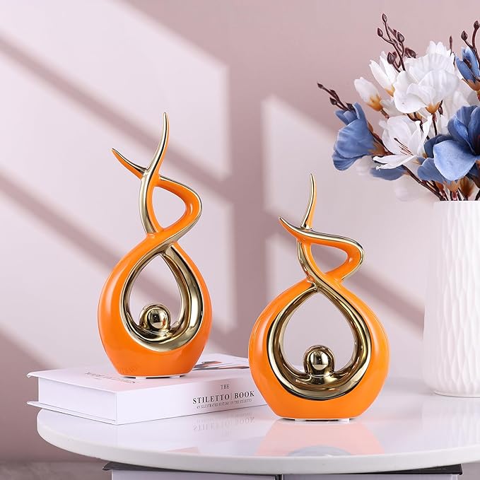 Gold Orange Modern Sculpture Table Decorations, Ceramic Knick Knacks Statues for Living Room Decor, Tv Stand and Desk Decor, Suitable for Coffee Tables and Shelf Decorations, Great Gift Idea