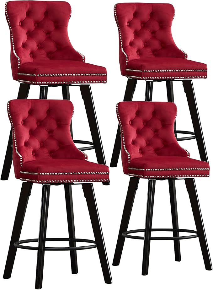 YISHENG Modern Swivel 27" H Seat Set of 2 Velvet Barstools with Backrest and Footrest,Button Tufted Rivet Trim Dining Room Chairs with Metal Pull Ring for Kitchen Island，Bistro, Home Bar，Red