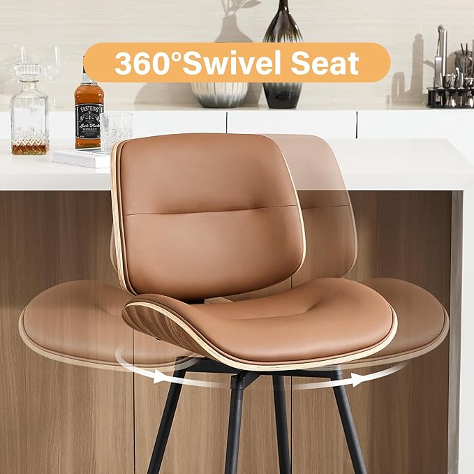 Mid Century Modern Counter Stools Set of 2, 27" Swivel Bar Stools with Metal Legs, Faux Leather Upholstered Bar Chairs with Footrest for Kitchen Island & Dining Tables, Brown