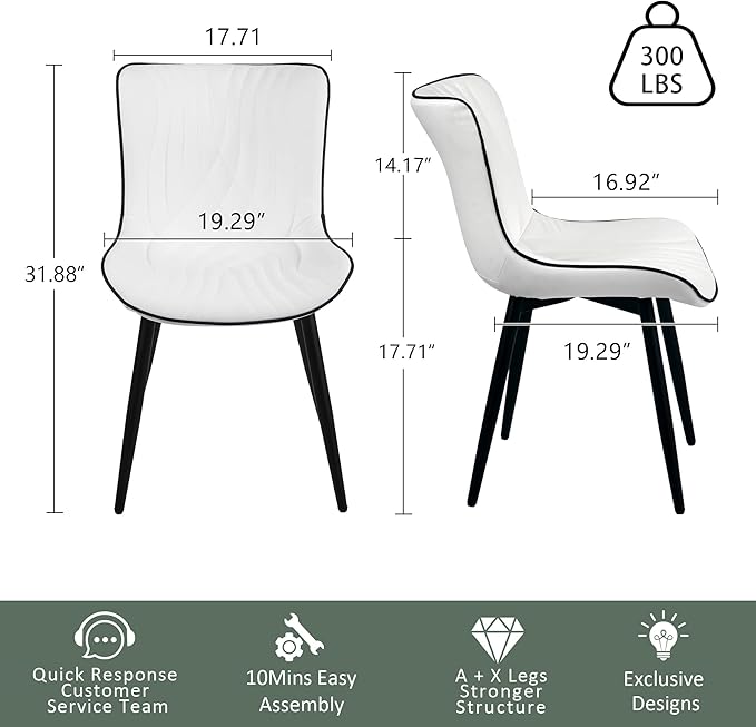 YOUTASTE Dining Chairs Set of 2, Mid Century Modern Upholstered Faux Leather Kitchen Room Chairs, with Black Metal Legs, Armless Accent Chair for Living Room, Bedroom, Vanity, White