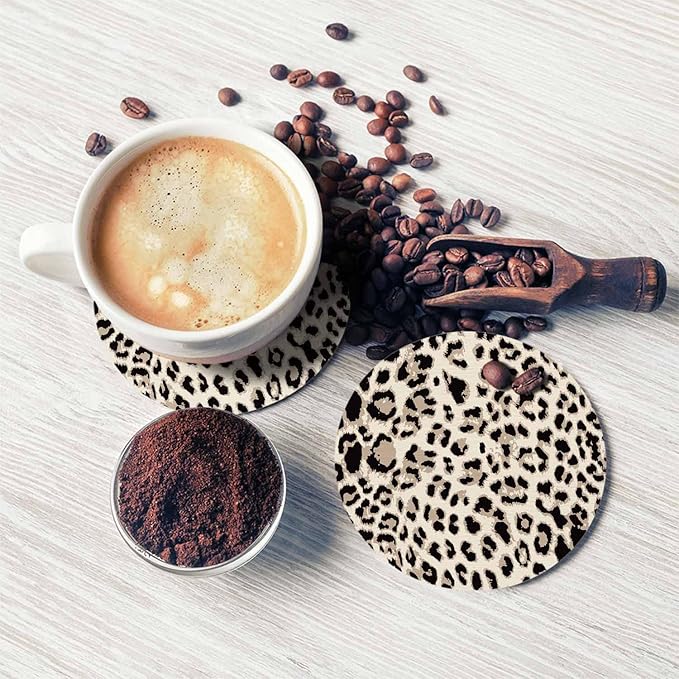 Leopard Skin Coasters for Coffee Table Cheetah Beige Brown Tiger Leather Spotted Wild Animal Fur Nature Housewarming Presents for Women Men Home Decor Office Kitchen Living Room 2 Pcs