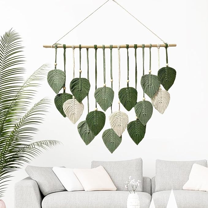 MSFENG Wall Hanging Decor Leaves Tapestry Boho Wall Decor Woven Feather Handmade Yarn Tassels Woven Wall Art Decorations for Nursery, Bedroom, Living Room, Apartment Home Backdrop (LightGreen-M)