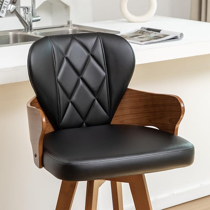 26.7” Swivel Bar Stools Set of 2,Black Faux Leather Counter Height Stools with Armrest and Fishtail-Shaped Back,Mid Century Modern Barstools,Walnut Bar Chair for Kitchen Island or Home Bar