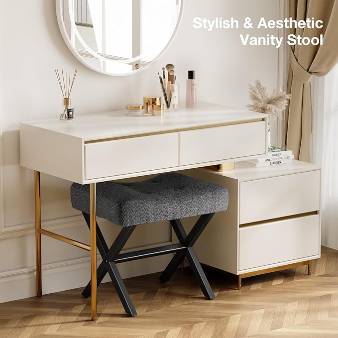 18-Inch Large Vanity Stool Chair, Vanity Bench with Metal X-Legs, Ottoman Accent Stool with Breathable and Soft Boucle Fabric Saddle Seat, Grey