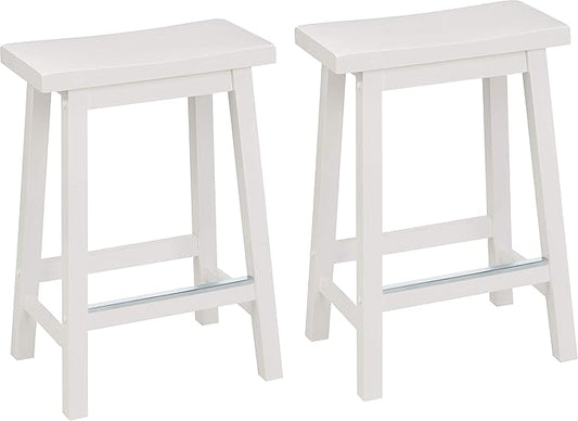 Amazon Basics Solid Wood Saddle-Seat Kitchen Counter Barstool with Footrest, Easy Assembly - 24-Inch Height - White - Set of 2