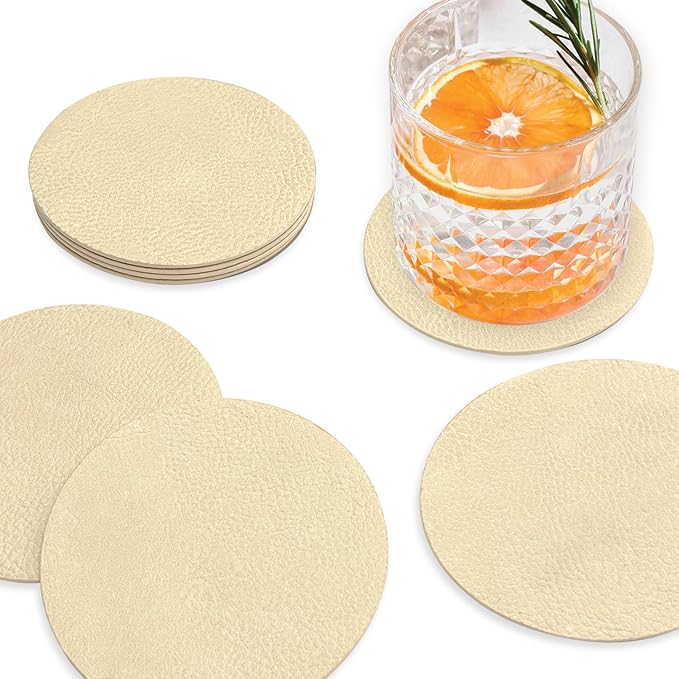 Set of 8 Morgan Faux Leather 4 Inch Round Coasters, Heat & Water Absorbent, Natural Style, Drinks Tabletop Home Dinning, Beige