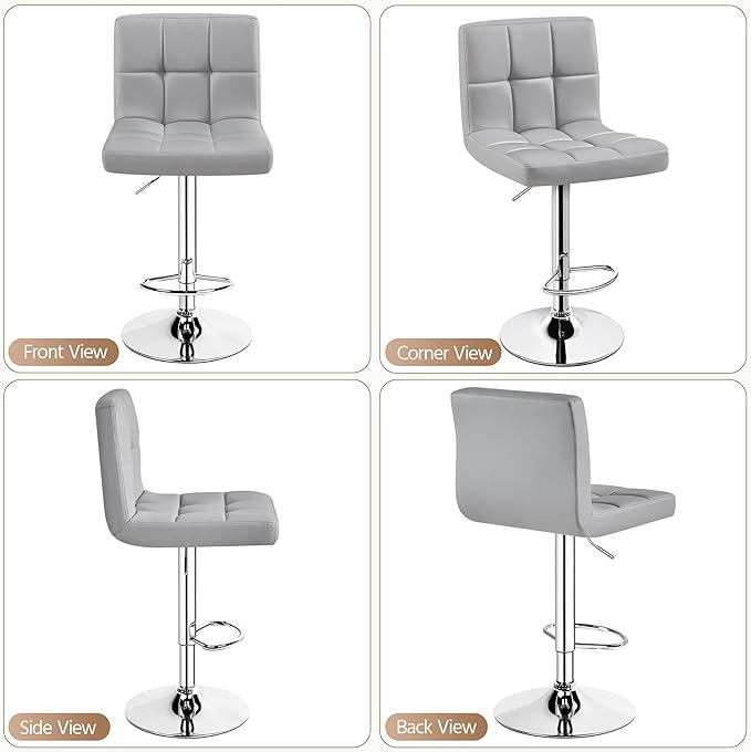 Yaheetech Bar Stools Set of 4, PU Leather Adjustable Barstools, Modern Counter Stools with Back and Footrest, Counter Height Barstools for Bar, Kitchen, Dining Room, Light Gray