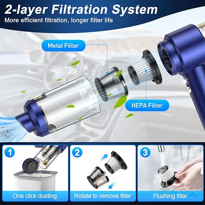 Mini Vacuum Cleaner, 15000PA Car Vacuum Cleaner Portable Cordless with LED Light, 4 in 1 Air Duster and Handheld Small Vacuum Rechargeable for Car, Home, Office, Pet（Blue）