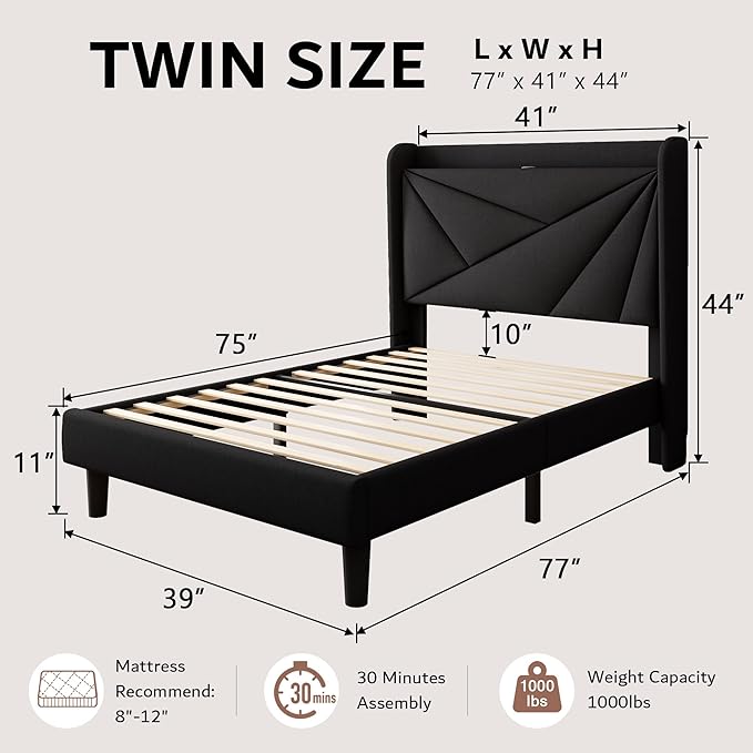 iPormis Twin Size Bed Frame with Charging Station, Linen Platform Bed Frame with Wingback Headboard Upholstered Bedframe, Solid Wood Slats Support, No Box Spring Needed, Easy Assembly, Black