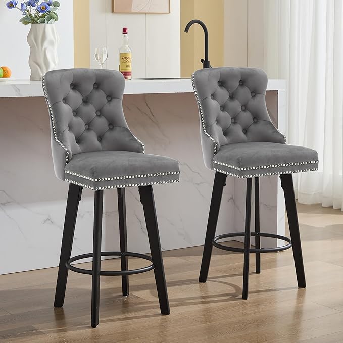 YISHENG Modern Swivel 27" H Seat Set of 4 Velvet Barstools with Backrest and Footrest,Button Tufted Rivet Trim Dining Room Chairs with Metal Pull Ring for Kitchen Island，Bistro, Home Bar，Gray
