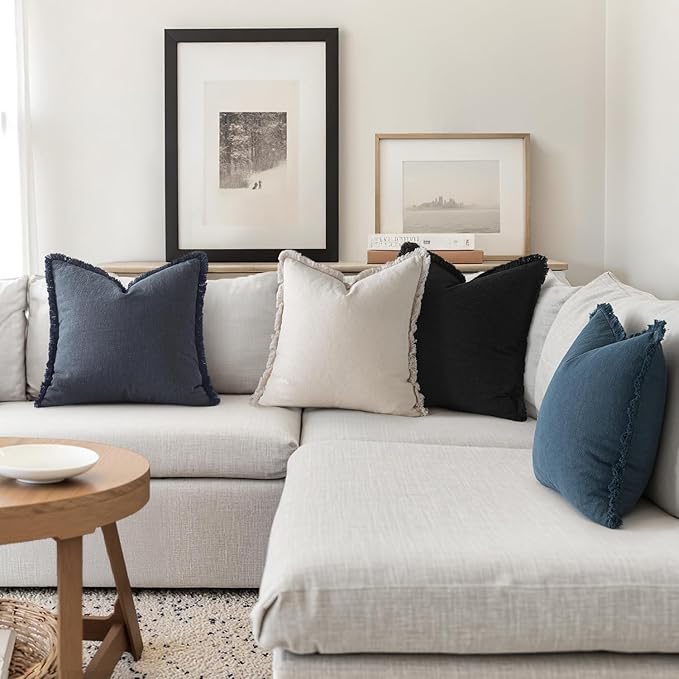 MIULEE Christmas Decorative Couch Pillow Covers Neutral Linen Fringe Throw Pillows Set of 4 Boho Farmhouse Cushion Modern Pillowcases for Bed Sofa Living Room Home Decor 18x18 Inch Beige/Coastal Blue