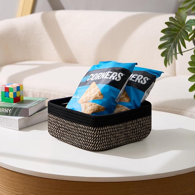 Small Square Shallow Baskets for Organizing, 9.7x9.7x4.3 Inch Rope Woven Storage Bins for Cubes Closet, Shelves Storage, Boho Decorative Basket, 2 Packs Black Brown