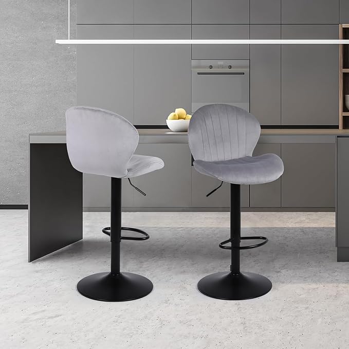 Modern Bar Stools Set of 3, Velvet Height Adjustable Swivel Barstools, Armless Kitchen Island Counter Chairs with Back & Footrest, Grey