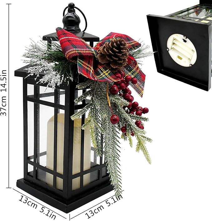 Christmas Decorative Lantern w/LED Flickering Flameless Candle - 14 Inch, Antiqued Vintage Lantern with Xmas Ornament for Outside Indoor Table Holiday Party Decoration