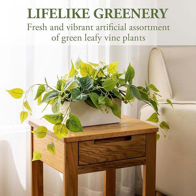 MyGift Vibrant Lifelike Artificial Plant Pothos Leafy Vine Greenery in White Concrete Rectangular Planter Box