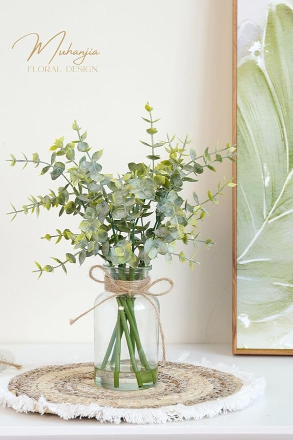 Artificial Eucalyptus Stems in Glass Vase with Faux Water,7Pcs Fake Plant for Centerpiece Bathroom Farmhouse Room Home Decor (Sage Green Eucalyptus)