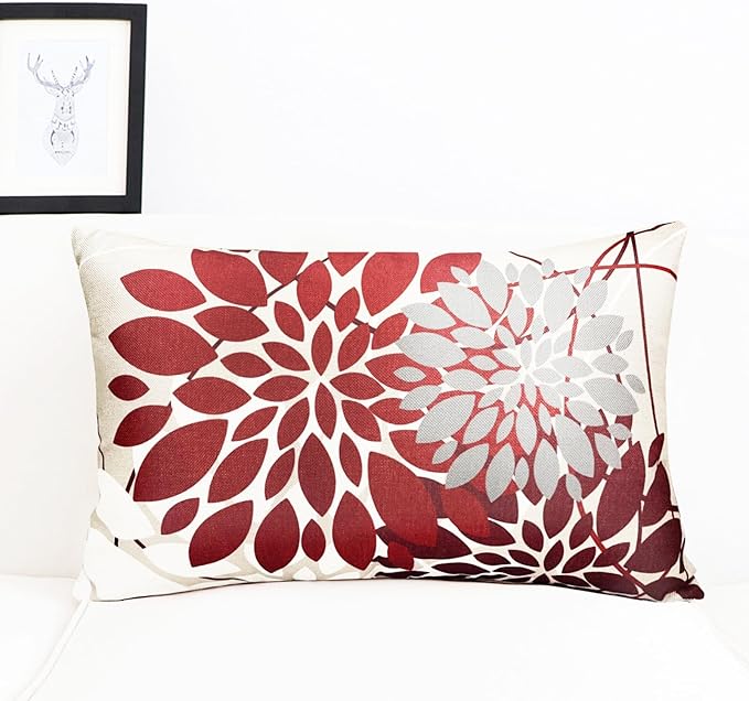 Wine Red Decorative Throw Pillow Covers 12x20 Inch Pillow Covers for Couch Living Room Bedroom Outdoor.Modern Sofa Throw Pillow Cover.Farmhouse Geometric Floral Linen Square Pillow Case.Set of 2