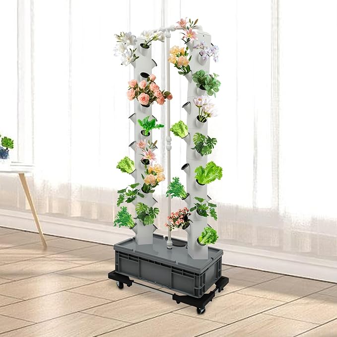 56-Hole Hydroponic Growing System Vertical Garden Tower with Automatic Watering Timer, 4 Wheels for Indoor Outdoor Use | Grow Lettuce, Strawberries, Tomatoes, Herbs