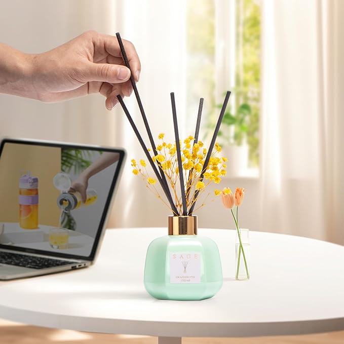 SAGE Hotel Reed Diffuser - Inspired by Marriott Room Scent | 3.4oz Grapefruit Cedar Scent Diffusers for Home | Preserved Real Flower & Oil Diffuser Sticks | Nightstand or Bathroom Decor for Shelves