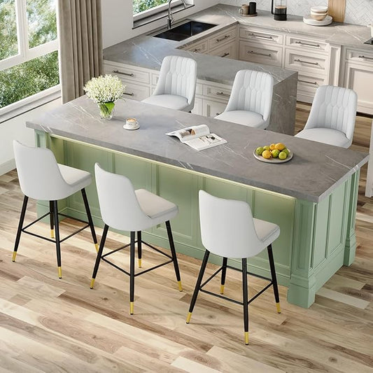 Grey Bar Stools Set of 6,27" Counter Height Bar Stools Set of 6,Faux Leather Counter Stools with Soft Padded Seat & Curved Backrest,Modern Kitchen Island Chairs for Dining Café