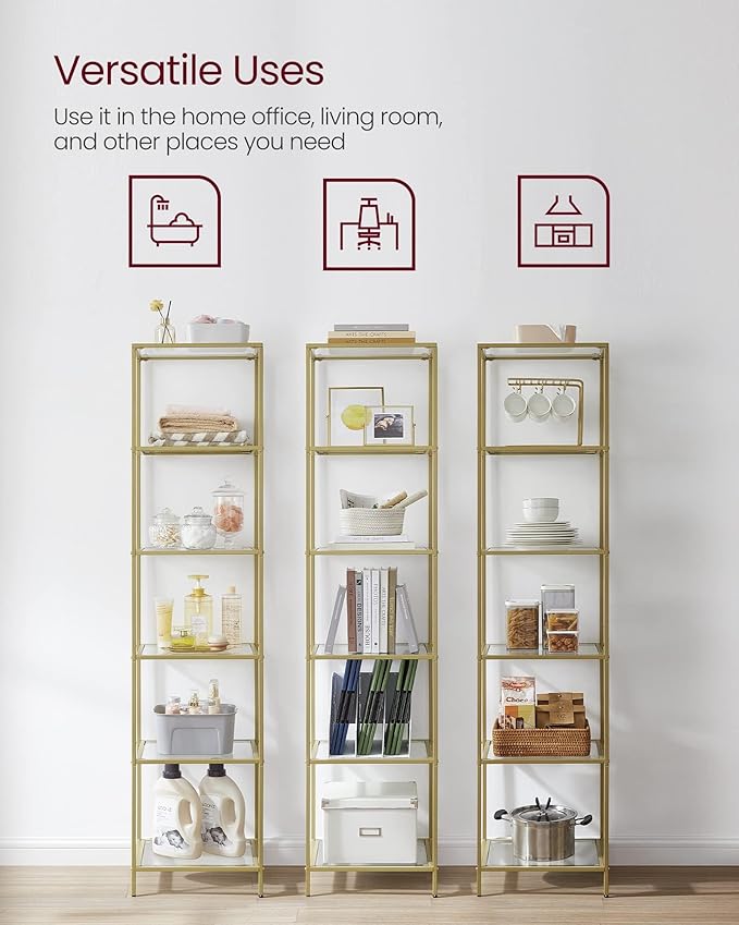 VASAGLE Bookcase, 6-Tier Bookshelf, Slim Shelving Unit for Bedroom, Bathroom, Home Office, Tempered Glass, Steel Frame, Metallic Gold ULGT500A01