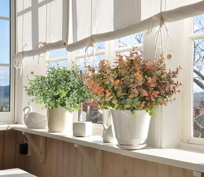 RECUTMS 12 Bundles Fake Bushes Artificial Plants Outdoor Faux Plant Eucalyptus Stems Fake Porch Plants for Farmhouse Bathroom Office Vase Centerpiece Indoor Outdoor Decor(Dusty Orange)