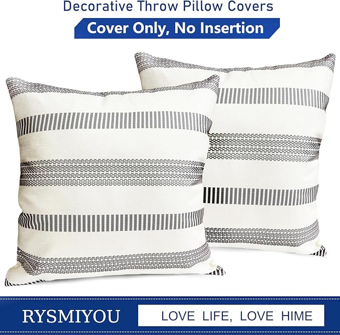 Decorative Throw Pillow Covers Set of 2 Light Gray Boho Striped Pillow Covers 16x16 Inch Throw Pillow Cover Linen Pillowcase Farmhouse Outdoor Pillow Covers for Couch Sofa Bed Living Room