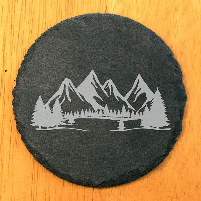 Mountain Majesty Slate Coasters with Stunning Mountain Scene Design - Perfect for Home and Office Decor and Protection of Surfaces, Available in Square or Round Coasters - Round Slate - Set of 6
