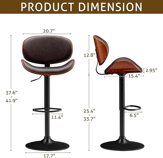 Bar Stools Set of 2 Adjustable Swivel Bentwood Barstools PU Leather Modern Bar Chairs with Back & Footrest for Bar, Kitchen Island, Dining Room (Brown, Set of 2)