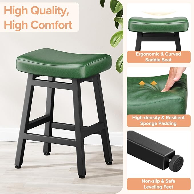 Counter Height Bar Stools Set of 3, 24 Inch Barstools for Kitchen Counter, Kitchen Stools with Faux Leather Saddle Seats & Heavy Duty Metal Legs, Easy Assembly, Forest Green