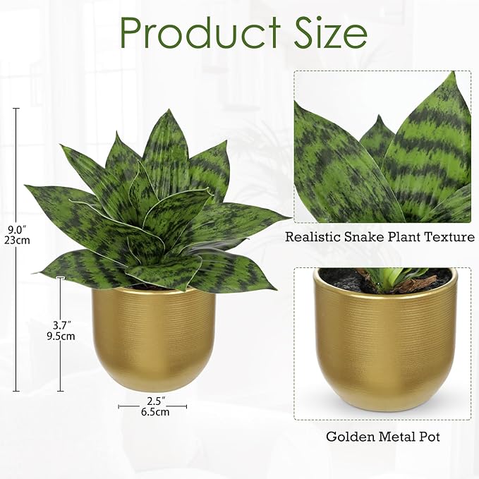 Hollyone Artificial Snake Plants 9" Faux Agave Succulent Plant Potted in Gold Pot Fake Sansevieria Aloe Tropical Plant for Desk Modern Office Home Bathroom Indoor Outdoor Decor