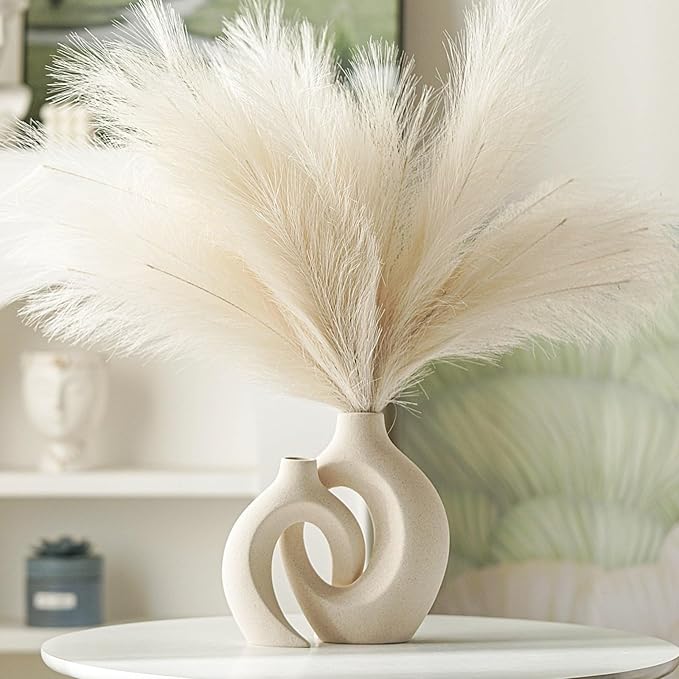 Off White Hollow Ceramic Vase Set of 2, Round Modern Vase for Nordic Minimalist Book Style Shelf Decor, Donut Boho Aesthetic Vases for Trendy Home Living Room Entryway Coffee Table Decorative