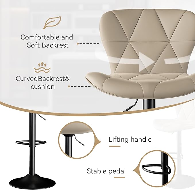 Bar Stools Set of 4,Adjustable Swivel Barstools, Faux Leather Bar Chairs,Upholstered Counter Height with High Backrest for Kitchen Island, Khaki