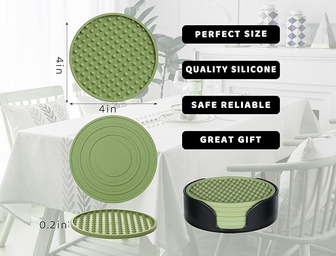 Coasters for Drinks 6 Pcs Plastic Coaster with Holder,Heat Resistant Silicone Cup Mat Tabletop Protection,Non-Slip Rubber Coasters for Kinds of Cups (Green)