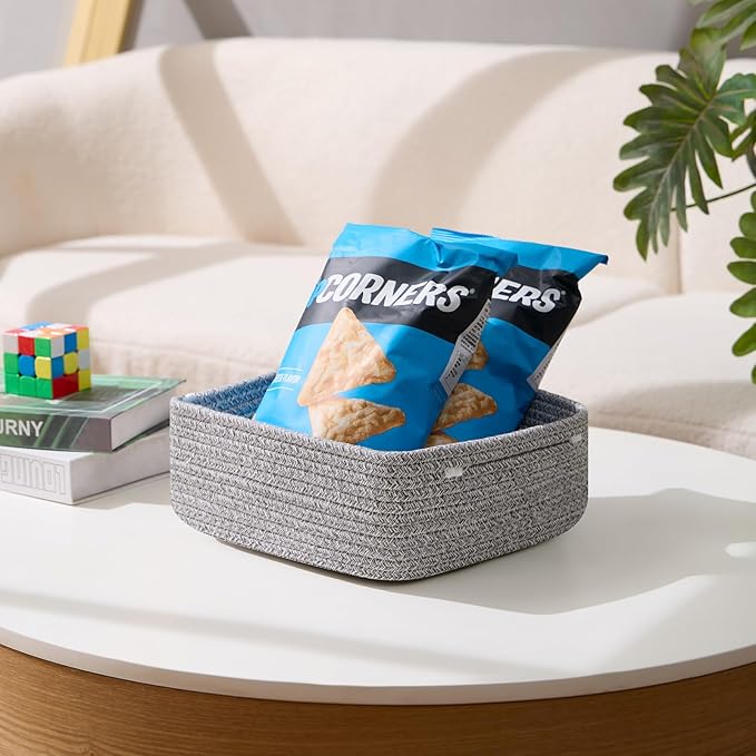 Small Square Shallow Baskets for Organizing, 9.7x9.7x4.3 Inch Rope Woven Storage Bins for Cubes Closet, Shelves Storage, Boho Decorative Basket, 2 Packs Mixed Grey