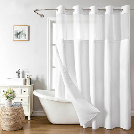 No Hooks Needed Linen Textured Shower Curtain with Snap-in Fabric Liner Set,White Hotel Luxury Decor Shower Curtains for Bathroom with Mesh Top Window,Waterproof & Washable,71Wx77H