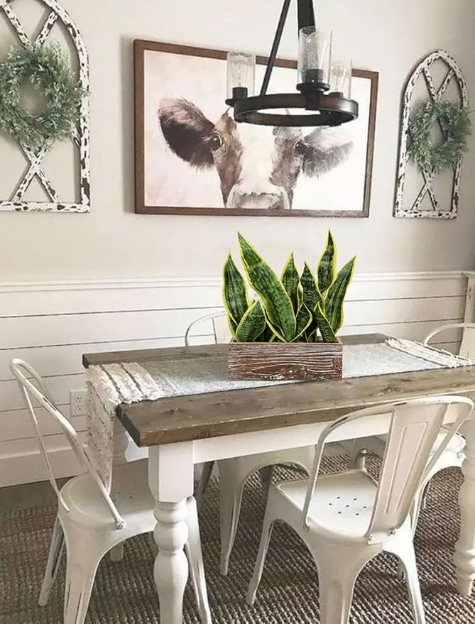 Fake Snake Plant in Rustic Wooden Planter 15.7 Inch Tall Artificial Sansevieria Trifasciata Plants Faux Potted Tropical Plant for Farmhouse Housewarming Home Office Modern Indoor Outdoor Decor
