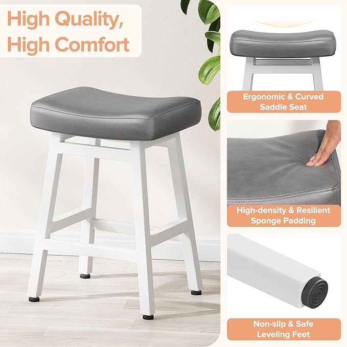 Counter Height Bar Stools Set of 3, 24 Inch Barstools for Kitchen Counter, Kitchen Stools with Bonded Leather Saddle Seats & Heavy Duty Metal Legs, Easy Assembly, Gray/White