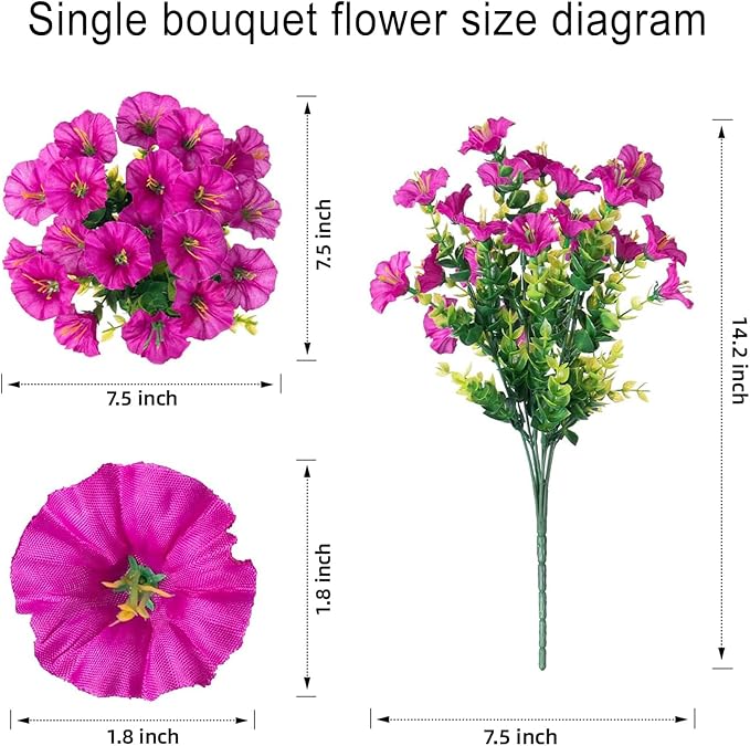 Artificial Outdoor Flowers 16 Bundles Fake Morning Glory Flower Outdoor UV Resistant Plastic Faux Flowers Plants for Decoration Indoor Outdoor Hanging Window Box Planter Home Porch Decor (Fuchsia)