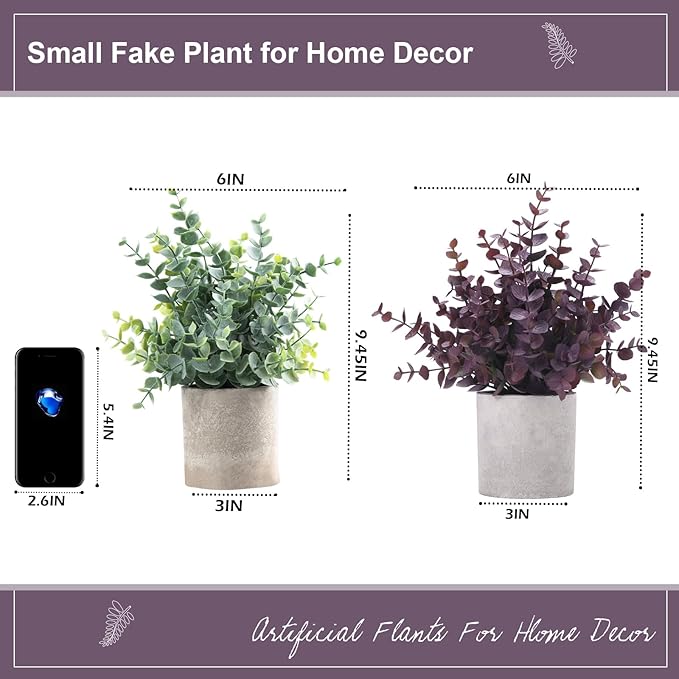 2 Pack Small Fake Plants Eucalyptus Potted Artificial Plants Fall Decorations for Home Shelf Office Bathroom Desk Farmhouse Room Coffee Table Decor Halloween Decor (Plum)