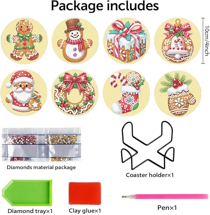 eniref 8 Pcs Christmas Diamond Art Coasters Kits with Holder, Gingerbread Snowman 5D DIY Diamond Pinting Coasters Acrylic Round Cup Coaster with Cork Pads for Tabletop Protection 10×10 CM