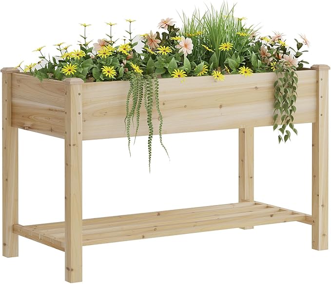 Raised Garden Bed, Planter Box with Storage Shelf, Elevated Wooden Planter Box with Legs, Garden Planter for Backyard, Patio, Balcony, Natural Wood (Natural, M)