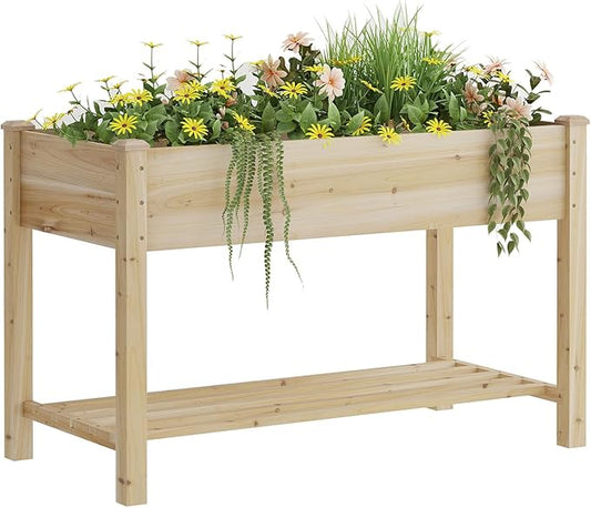 Raised Garden Bed, Planter Box with Storage Shelf, Elevated Wooden Planter Box with Legs, Garden Planter for Backyard, Patio, Balcony, Natural Wood (Natural, M)