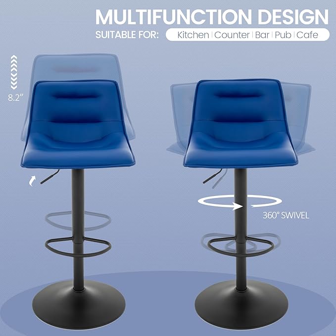 Brage Living Adjustable Bar Stool, Modern PU Leather Swivel Counter Height Barstool with Back, Armless Airlift Curved Bar Chair for Kitchen Dining Cafe, 1 pc (Blue, Black Base)