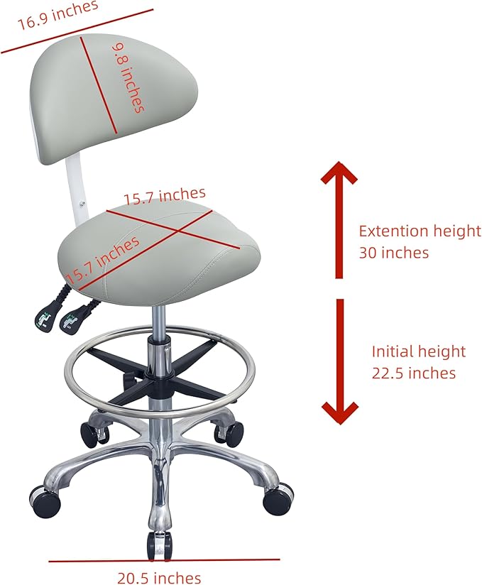Saddle Stool Chair with Backrest and Foot Ring, Ergonomic Rolling Esthetician Seat for Salon, Tattoo Shop, Spa, Facial lash Home, Dentist Clinic, Esthetician Chair, Grey