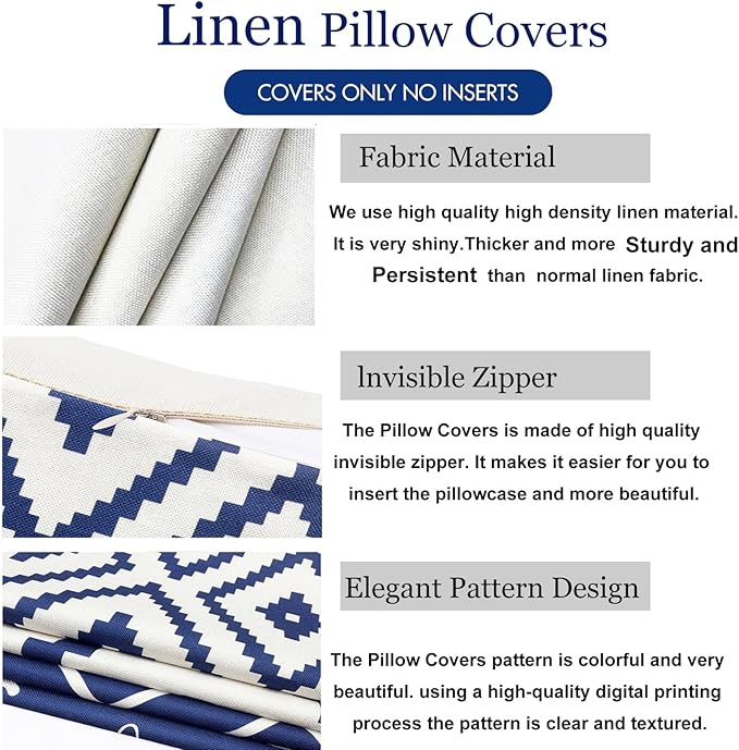 Decorative Throw Pillow Covers Set of 4 Blue Pillow Covers 12x20 inch Throw Pillow Cases Linen Square Pillow Case,Farmhouse Outdoor Modern Geometric Pillow Covers for Couch Sofa Living Room