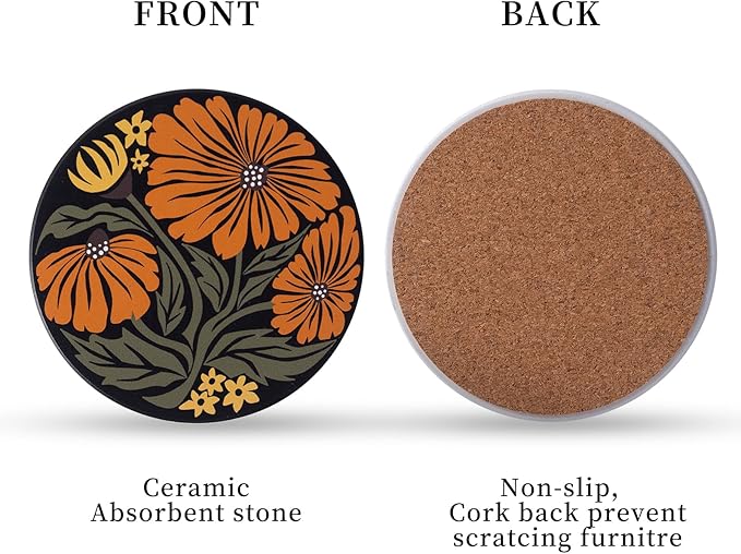 Coasters Absorbent Ceramic Coaster Drink Coasters with Cork Back Beautiful Artistic Flowers Set of 6 Round Coaster Non Slip for Coffee Table Wine Glass Home Bar 4 Inch, Colorful