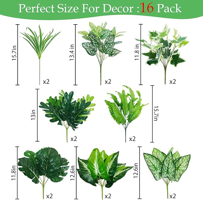 16 Bunches Fake Plants Outdoor UV Resistant Artificial Bushes Green Boxwood Shrubs Faux Plastic Plants Greenery Stems for Spring Outdoor Garden Patio Front Porch Yard Home Decor